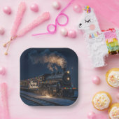 Merry Christmas Vintage Train In Snow Pappteller (Party)