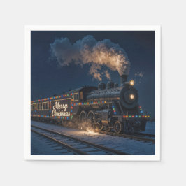 Merry Christmas Vintage Train In Snow Serviette