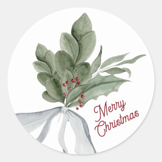 Merry Christmas Watercolor Christmas Foliage Runder Aufkleber (Vorderseite)