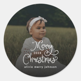 Merry Christmas Whimsical Script Baby Photo Runder Aufkleber