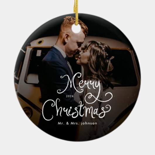 Merry Christmas Whimsical Script  Custom Photo  Keramik Ornament (Hinten)
