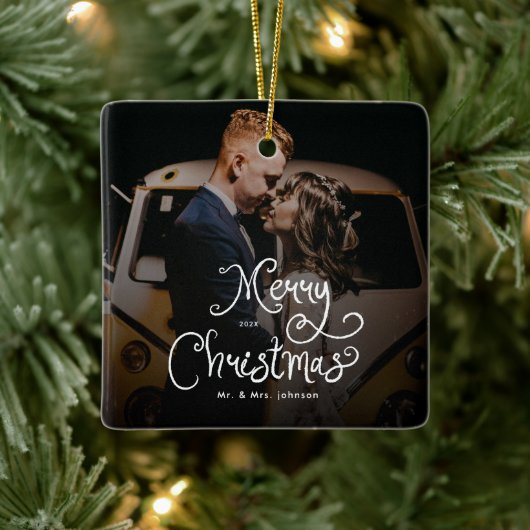 Merry Christmas Whimsical Script Custom Photo Keramikornament (Baum)