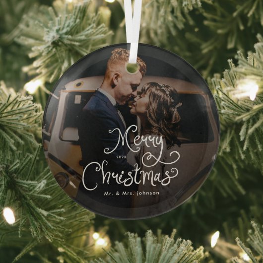 Merry Christmas Whimsical Script Custom Photo Ornament Aus Glas (InSitu)