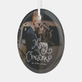 Merry Christmas Whimsical Script Custom Photo Ornament Aus Glas (Vorderseite links)