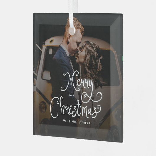 Merry Christmas Whimsical Script  Custom Photo  Ornament Aus Glas (Vorderseite links)