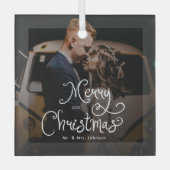 Merry Christmas Whimsical Script Custom Photo Ornament Aus Glas (Vorderseite)