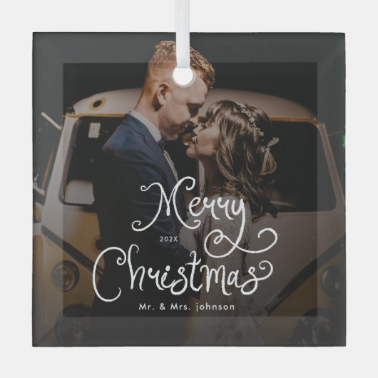 Merry Christmas Whimsical Script Custom Photo Ornament Aus Glas (Vorderseite)