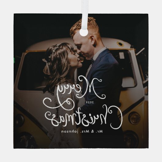 Merry Christmas Whimsical Script Custom Photo Ornament Aus Glas (Rückseite)