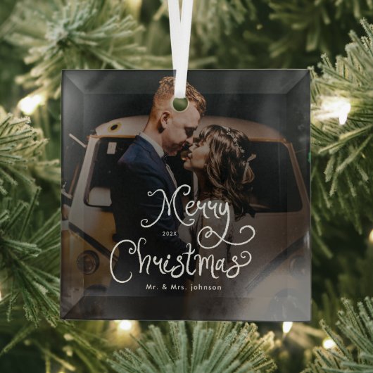 Merry Christmas Whimsical Script Custom Photo Ornament Aus Glas (Insitu)