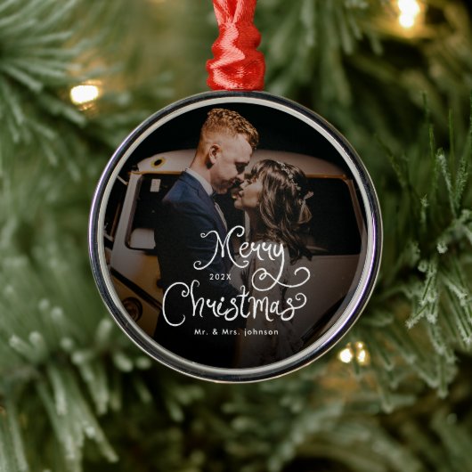 Merry Christmas Whimsical Script Custom Photo Ornament Aus Metall (Baum)