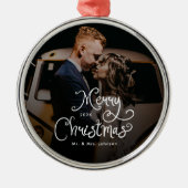 Merry Christmas Whimsical Script Custom Photo Ornament Aus Metall (Vorne)