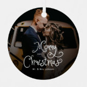 Merry Christmas Whimsical Script Custom Photo Ornament Aus Metall (Vorderseite)
