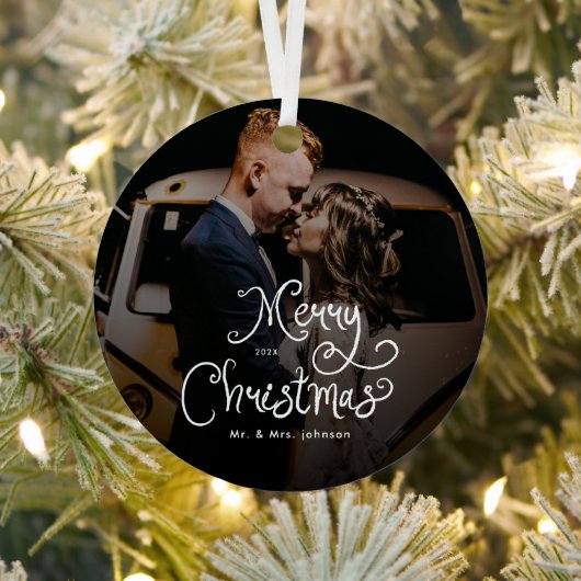 Merry Christmas Whimsical Script Custom Photo Ornament Aus Metall (InSitu)