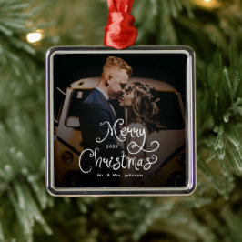 Merry Christmas Whimsical Script Custom Photo Ornament Aus Metall