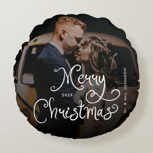 Merry Christmas Whimsical Script  Custom Photo  Rundes Kissen (Vorderseite)