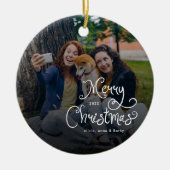 Merry Christmas Whimsical Script Family Photo Dog Keramik Ornament (Vorne)