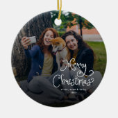 Merry Christmas Whimsical Script Family Photo Dog Keramik Ornament (Vorne)