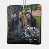 Merry Christmas Whimsical Script Family Photo Dog Keramikornament (Links)