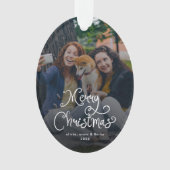 Merry Christmas Whimsical Script Family Photo Dog Ornament (Vorderseite)