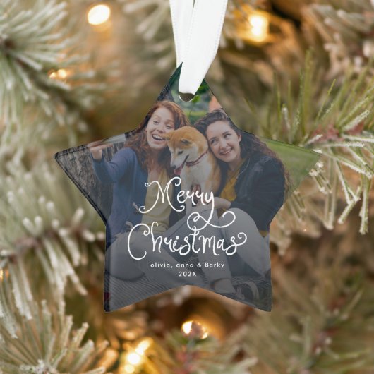 Merry Christmas Whimsical Script Family Photo Dog Ornament (Baum)