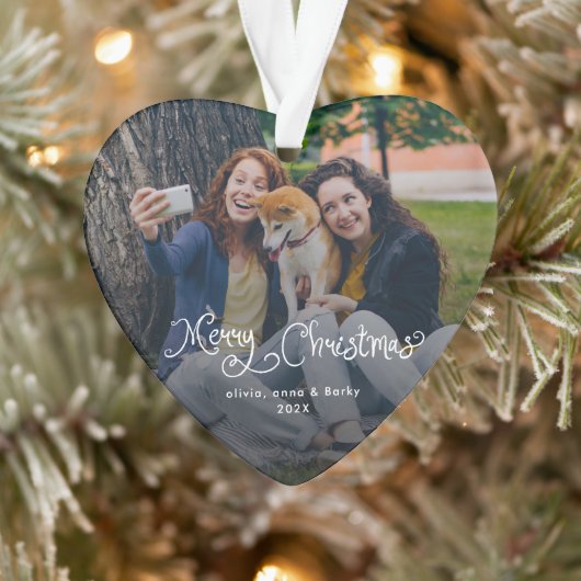 Merry Christmas Whimsical Script Family Photo Dog Ornament (Baum)