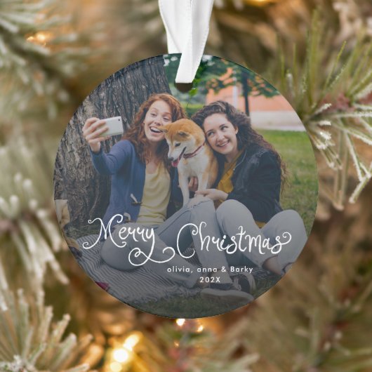Merry Christmas Whimsical Script Family Photo Dog Ornament (Baum)