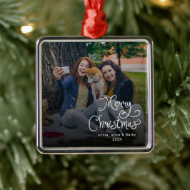 Merry Christmas Whimsical Script Family Photo Dog Ornament Aus Metall