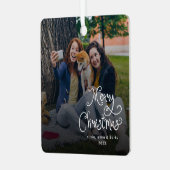 Merry Christmas Whimsical Script Family Photo Dog Ornament Aus Metall (Vorderseite links)
