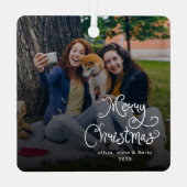 Merry Christmas Whimsical Script Family Photo Dog Ornament Aus Metall (Rückseite)