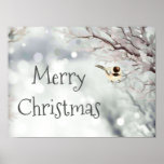 Merry Christmas Winter Frost Bird Forest Grey Poster<br><div class="desc">Merry Christmas Greeting with Winter Frosty trees and Bird.   Cute and friendly little Chickadee Bird nature art to warm up your Christmas decor in popular shades of grey</div>