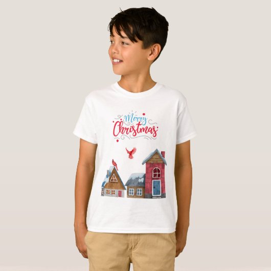 MERRY CHRISTMAS WINTER HOUSES RED KARDINAL VRDS T-Shirt (Vorne ganz)