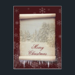 Merry Christmas Winter Parchment Illustration Feiertagspostkarte<br><div class="desc">Merry Christmas winter parchment illustration featuring old paper scroll with a snowy landscape and decorated with snow and icicles on a dark red background with snowflakes.</div>