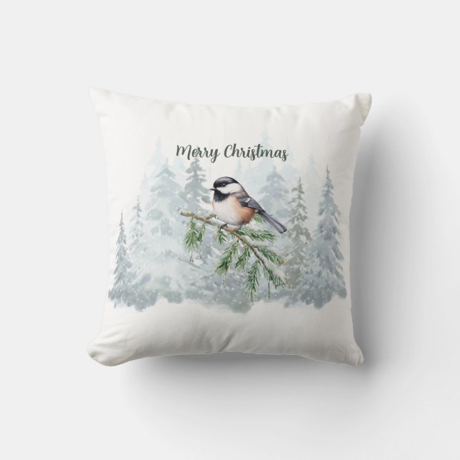 Merry Christmas Winter Spruce Tree Chickadee Kissen (Vorderseite)