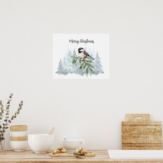 Merry Christmas Winter Spruce Tree Chickadee  Poster (Küche)