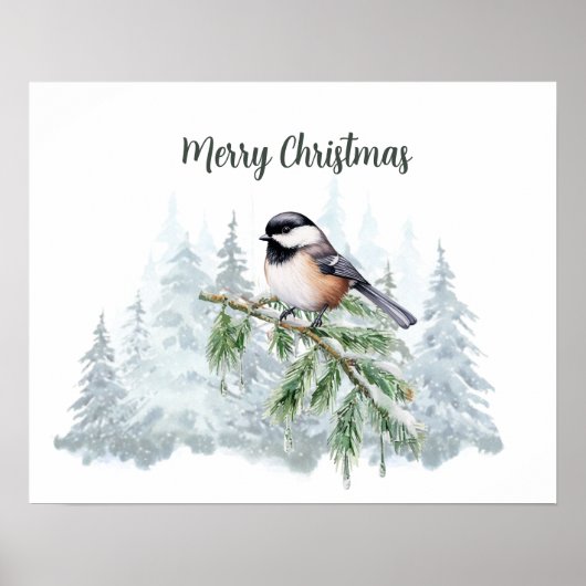 Merry Christmas Winter Spruce Tree Chickadee  Poster (Vorne)