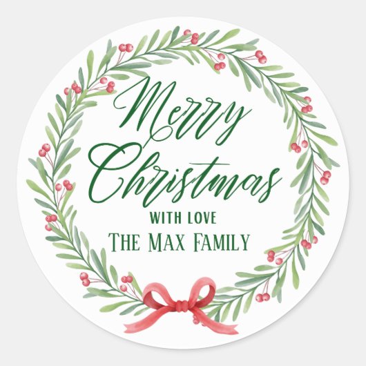 Merry Christmas With Love Wreath Holiday Runder Aufkleber (Vorderseite)