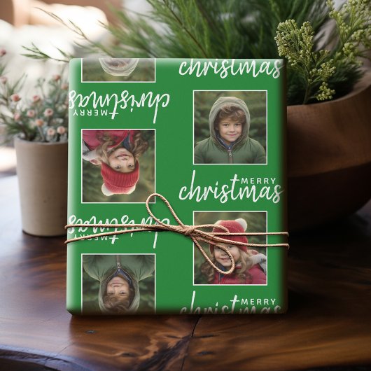 Merry Christmas with One Square Photo - green Geschenkpapier