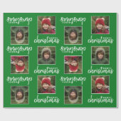 Merry Christmas with Two Square Photos - green Geschenkpapier (Flach)