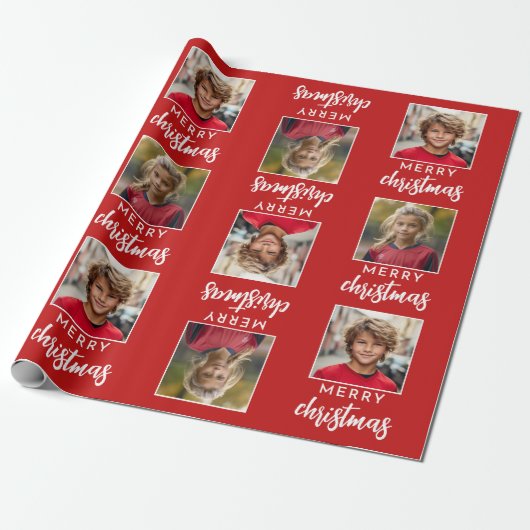Merry Christmas with Two Square Photos - red Geschenkpapier (Ungerollt)