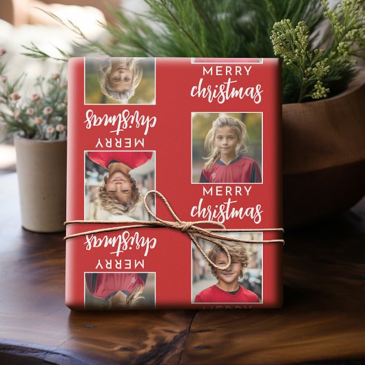 Merry Christmas with Two Square Photos - red Geschenkpapier