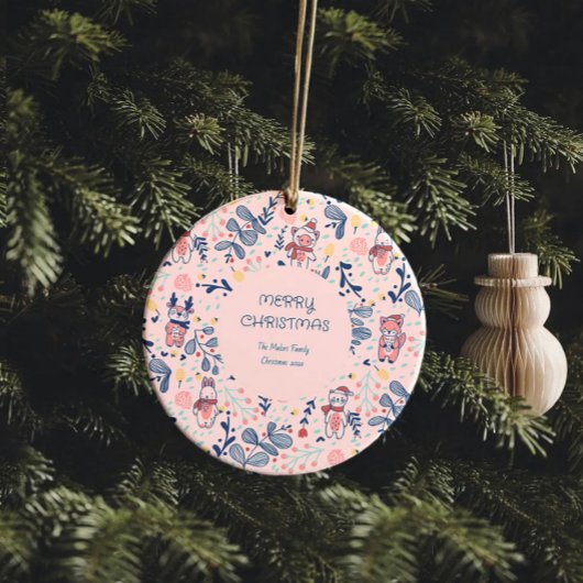 Merry Christmas Woodland Friends in Winter Forest Keramik Ornament