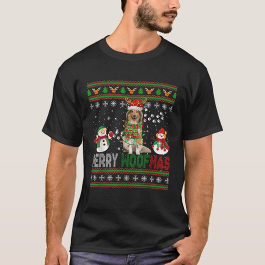 Merry Christmas Woof Santa Reindeer Sheltie Snowme T-Shirt (Vorderseite)
