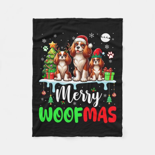 Merry Christmas Woof Three Santa Elf King Charles Fleecedecke (Vorderseite)