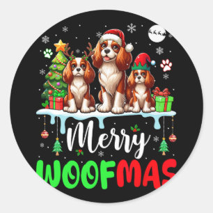 Merry Christmas Woof Three Santa Elf King Charles Runder Aufkleber