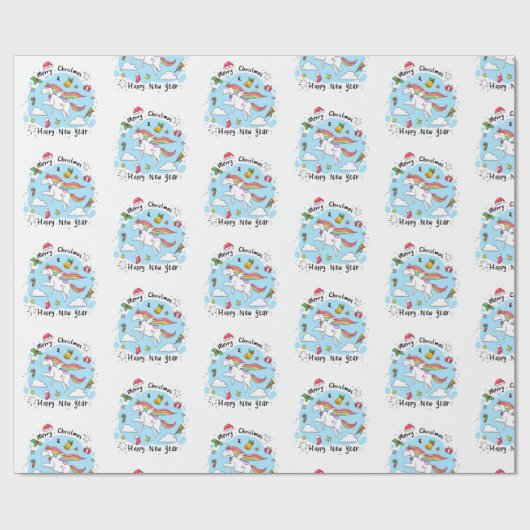 Merry Christmas Wrapping Unicorn Happy New Year Geschenkpapier (Flach)