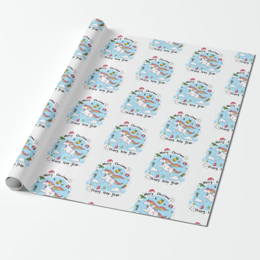 Merry Christmas Wrapping Unicorn Happy New Year  Geschenkpapier (Ungerollt)