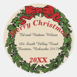 Merry Christmas Wreath Custom Return Address Label Runder Aufkleber