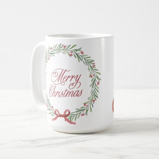 Merry Christmas Wreath & Cute Santa Two-Sided Holi Kaffeetasse (Vorderseite Links)