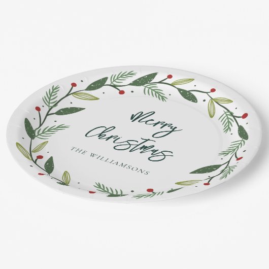 Merry Christmas Wreath Hand-Lettered Holidays Pappteller (Schrägansicht)