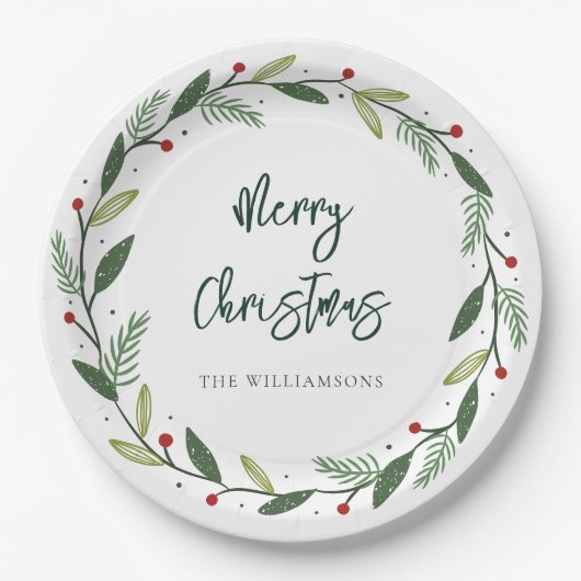 Merry Christmas Wreath Hand-Lettered Holidays Pappteller (Vorderseite)